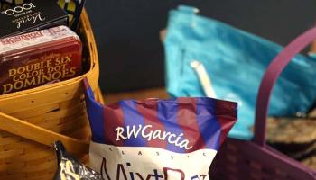 A close up of goodies in baskets that can be won at Basket Bingo